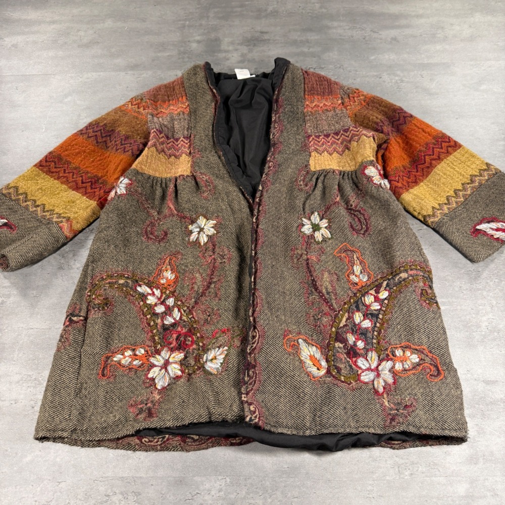 Soft Surroundings Wool Coat M Lagenlook Orange Paisley Floral Embroidered‎ Boho